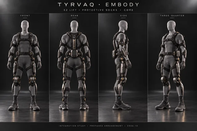 EMBODY, EZ LIFT, TYRVAQ SOCKS and CORE proposed arrangement, in four views