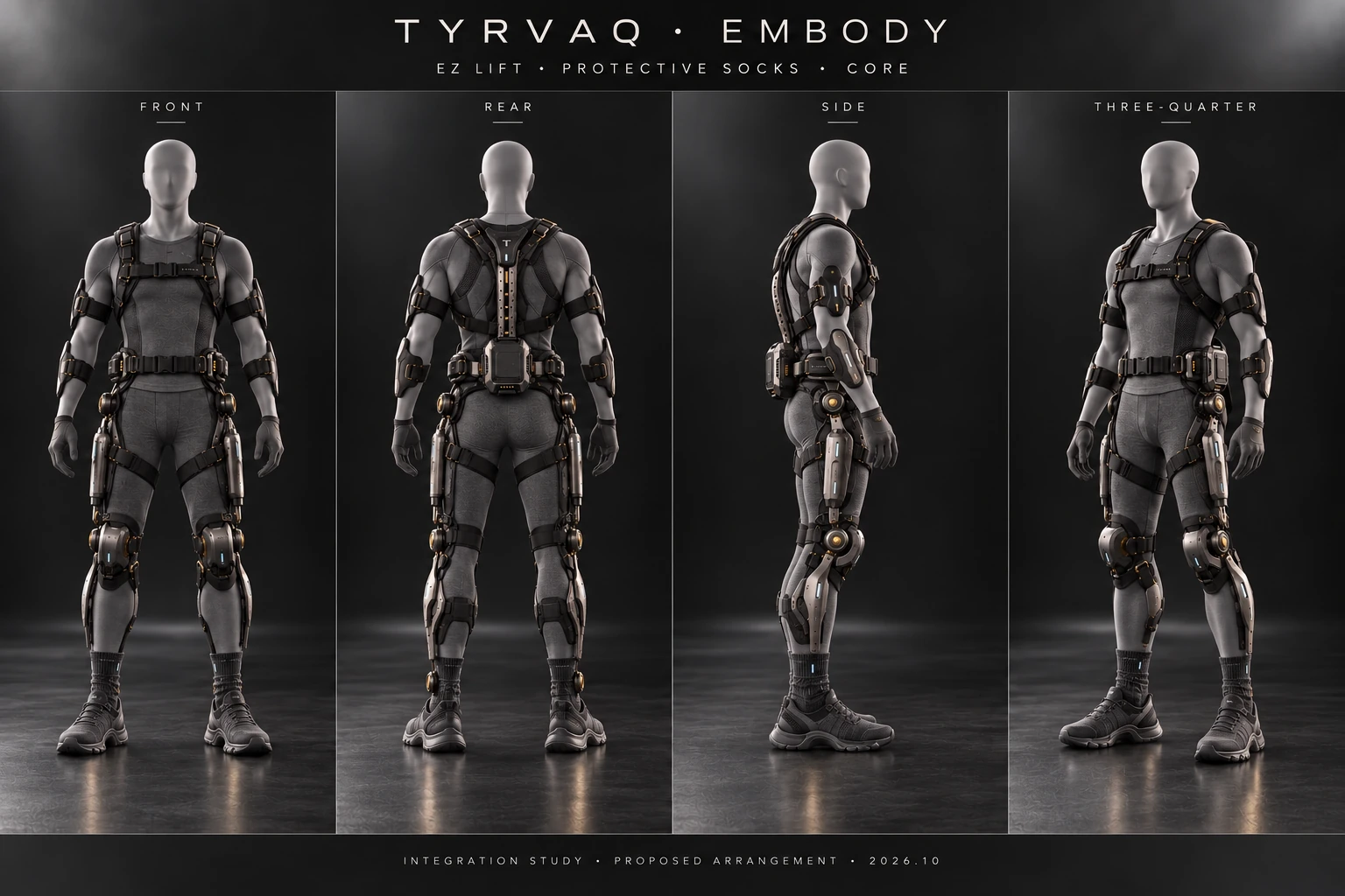EMBODY, EZ LIFT, TYRVAQ SOCKS and CORE proposed arrangement, in four views