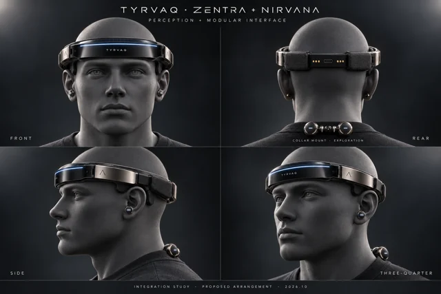 ZENTRA headband, NIRVANA collar nodes and STUDS integrated perception form study in four views