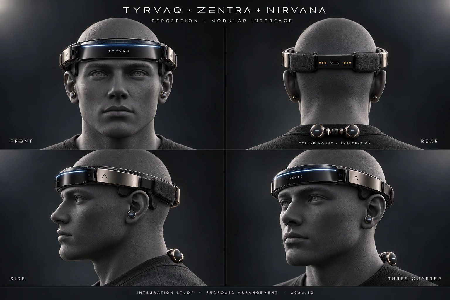 ZENTRA headband, NIRVANA collar nodes and STUDS integrated perception form study in four views